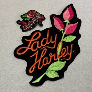 Lady Harley Rose Embroidered Patch Set – Biker / Motorcycle Appliqué